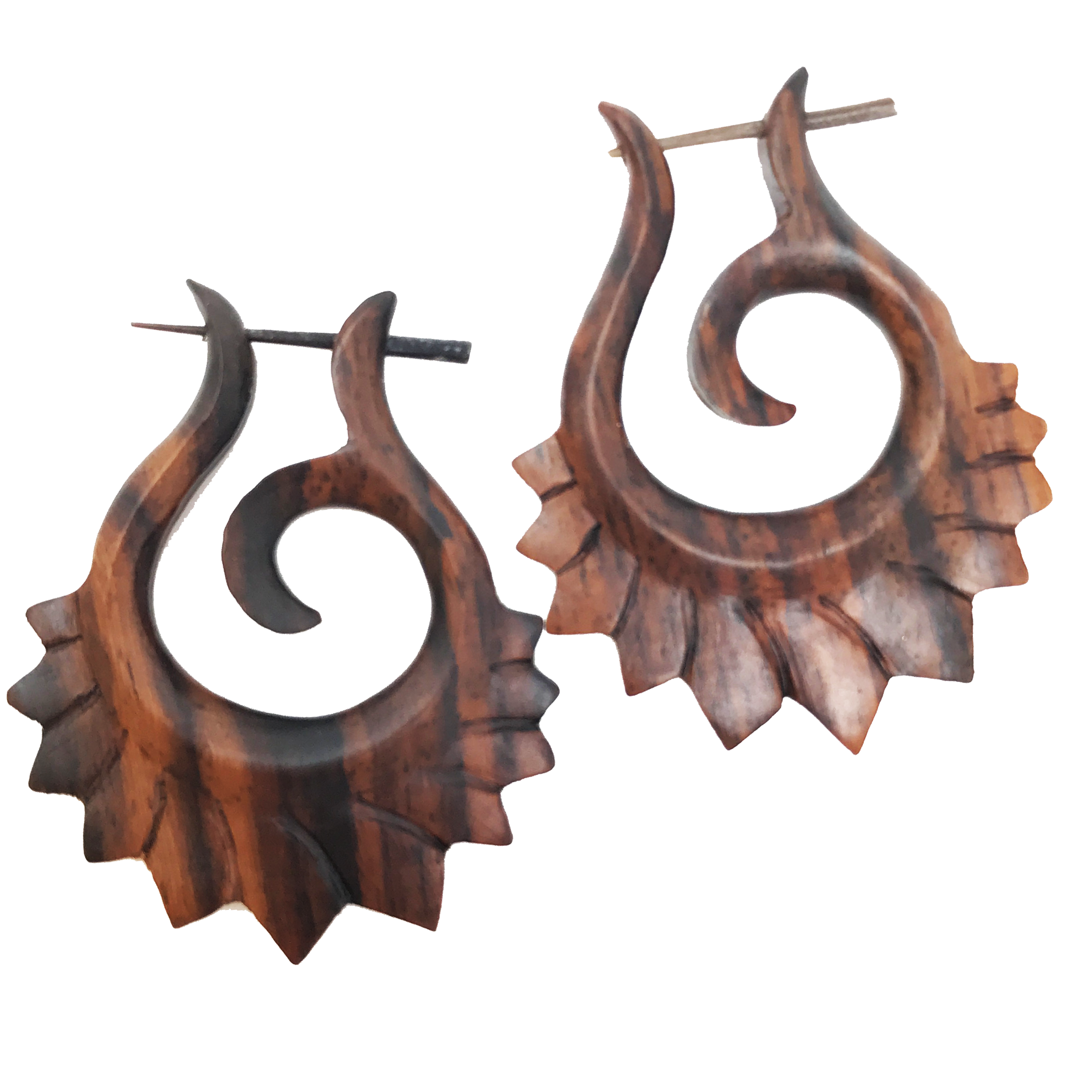 Tribal Spiral Wooden Earrings Hawaiian Boho Natural Wood Statement Jewelry