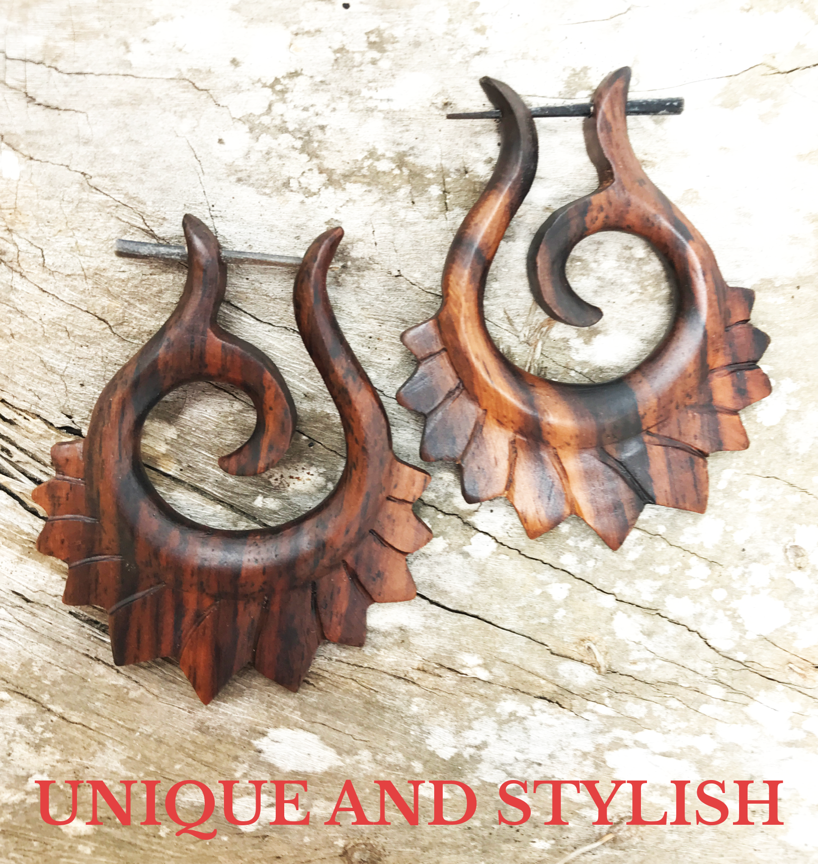 Tribal Spiral Wooden Earrings Hawaiian Boho Natural Wood Statement Jewelry
